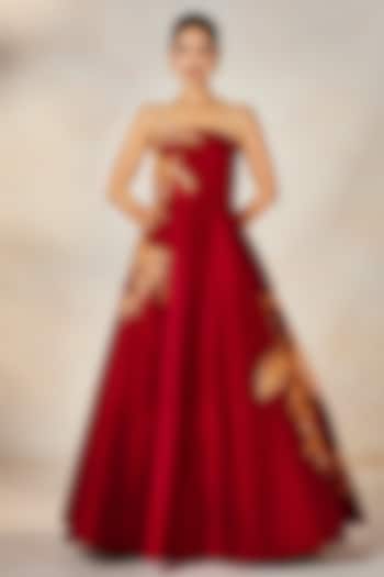 Red Heavy Raw Silk Zardosi & Sitara Embroidered Strapless Wedding Gown by Masaba at Pernia's Pop Up Shop