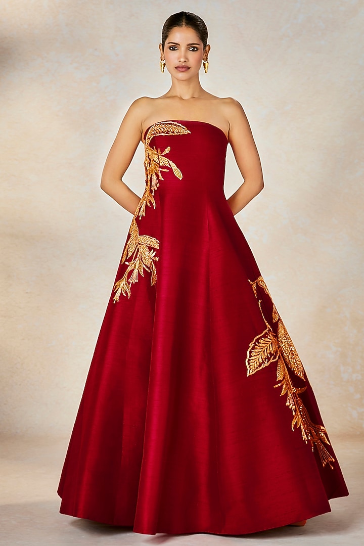 Red Heavy Raw Silk Zardosi & Sitara Embroidered Strapless Wedding Gown by Masaba at Pernia's Pop Up Shop
