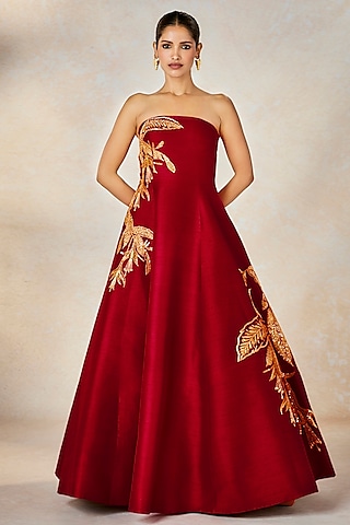 Red Heavy Raw Silk Zardosi & Sitara Embroidered Strapless Gown by Masaba