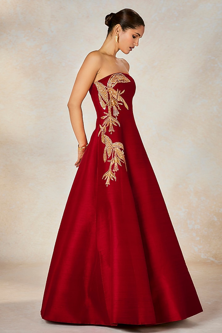 Red Heavy Raw Silk Zardosi & Sitara Embroidered Strapless Wedding Gown by Masaba at Pernia's Pop Up Shop