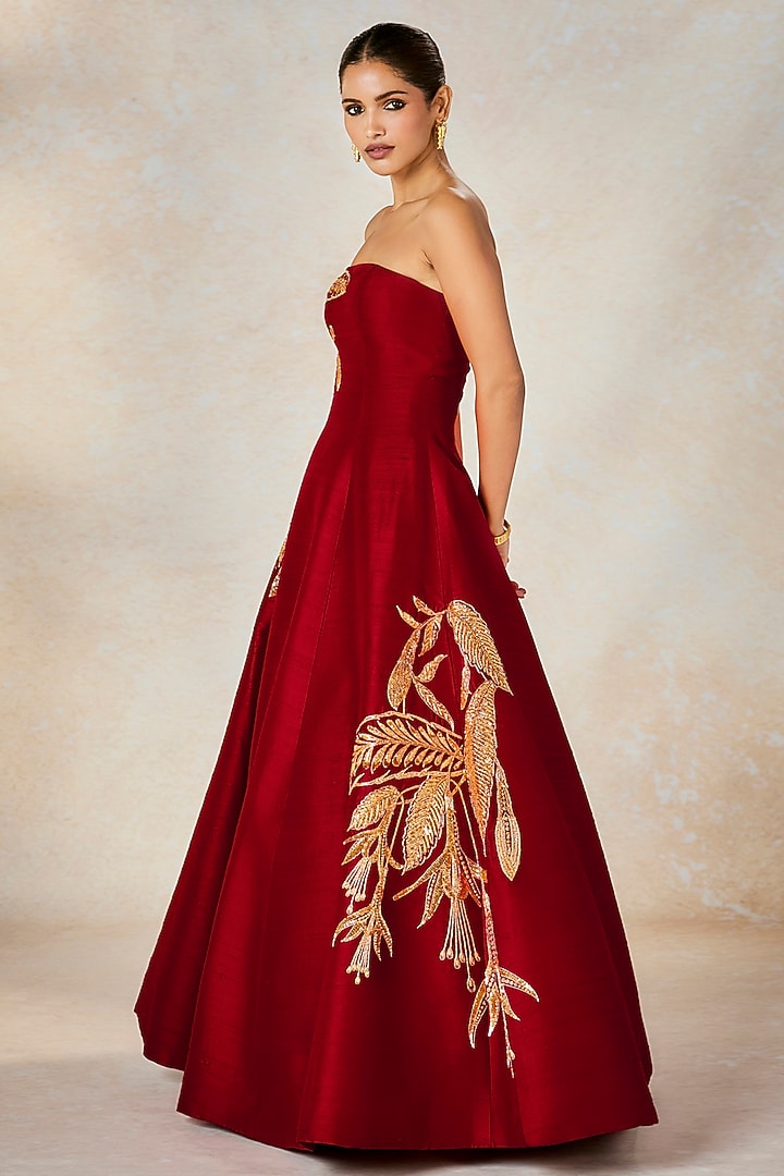 Red Heavy Raw Silk Zardosi & Sitara Embroidered Strapless Wedding Gown by Masaba at Pernia's Pop Up Shop