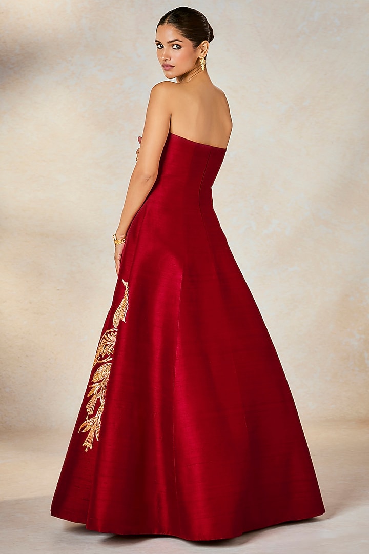 Red Heavy Raw Silk Zardosi & Sitara Embroidered Strapless Wedding Gown by Masaba at Pernia's Pop Up Shop
