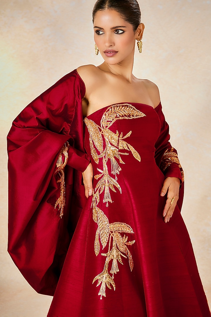 Red Heavy Raw Silk Zardosi & Sitara Embroidered Strapless Bridal Gown With Jacket by Masaba at Pernia's Pop Up Shop