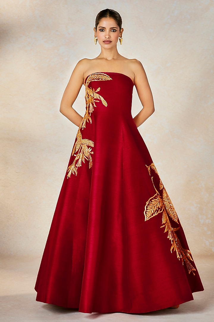 Red Heavy Raw Silk Zardosi & Sitara Embroidered Strapless Bridal Gown With Jacket by Masaba at Pernia's Pop Up Shop