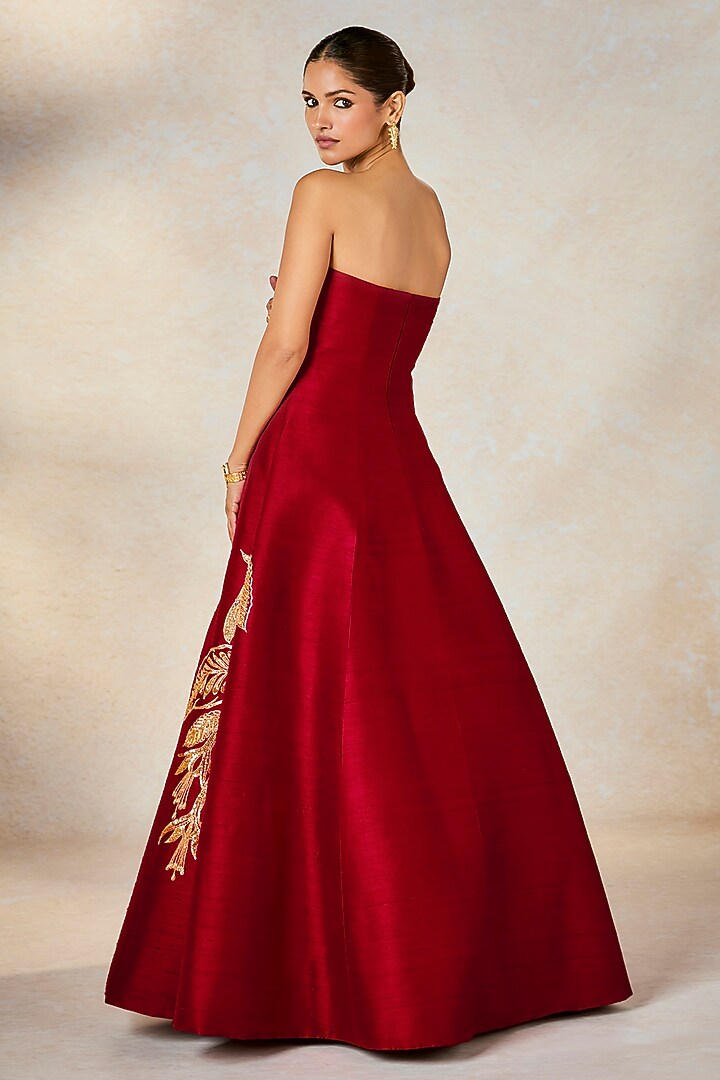 Red Heavy Raw Silk Zardosi & Sitara Embroidered Strapless Bridal Gown With Jacket by Masaba at Pernia's Pop Up Shop