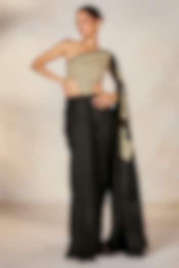 Black Velvet Satin Sitara Embroidered One-Shoulder Reception Gown Saree by Masaba at Pernia's Pop Up Shop
