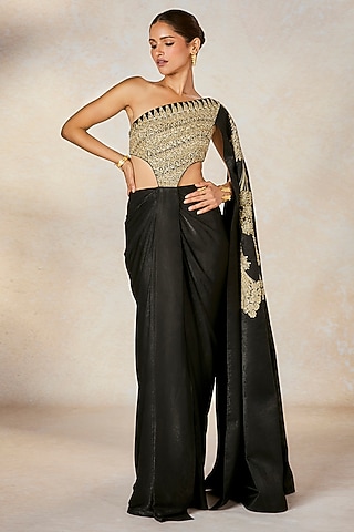 Black Velvet Satin Sitara Embroidered One-Shoulder Gown Saree by Masaba