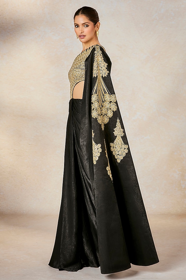 Black Velvet Satin Sitara Embroidered One-Shoulder Reception Gown Saree by Masaba at Pernia's Pop Up Shop