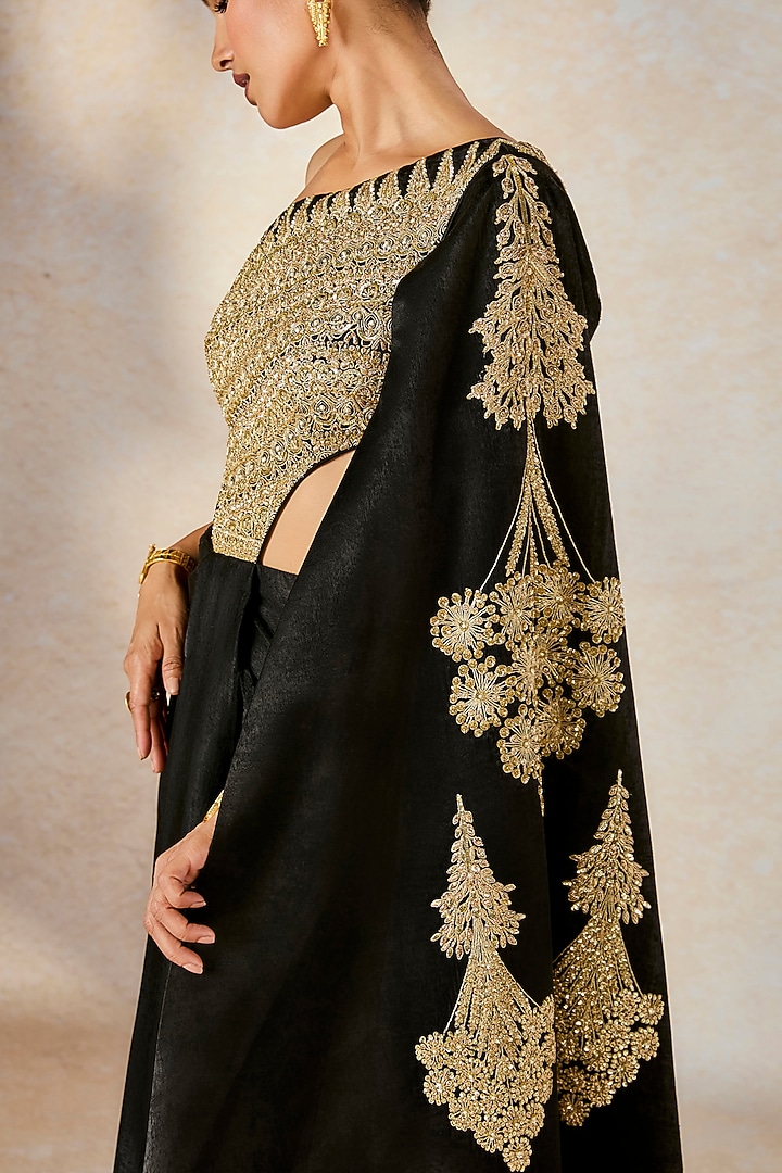 Black Velvet Satin Sitara Embroidered One-Shoulder Reception Gown Saree by Masaba at Pernia's Pop Up Shop
