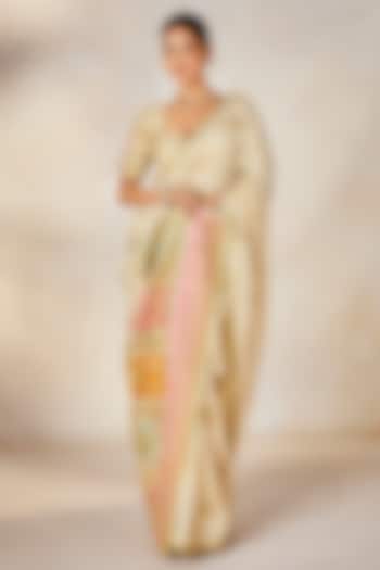 Almond Ivory Dupion Motif Embroidered Bridal Saree Set by Masaba at Pernia's Pop Up Shop