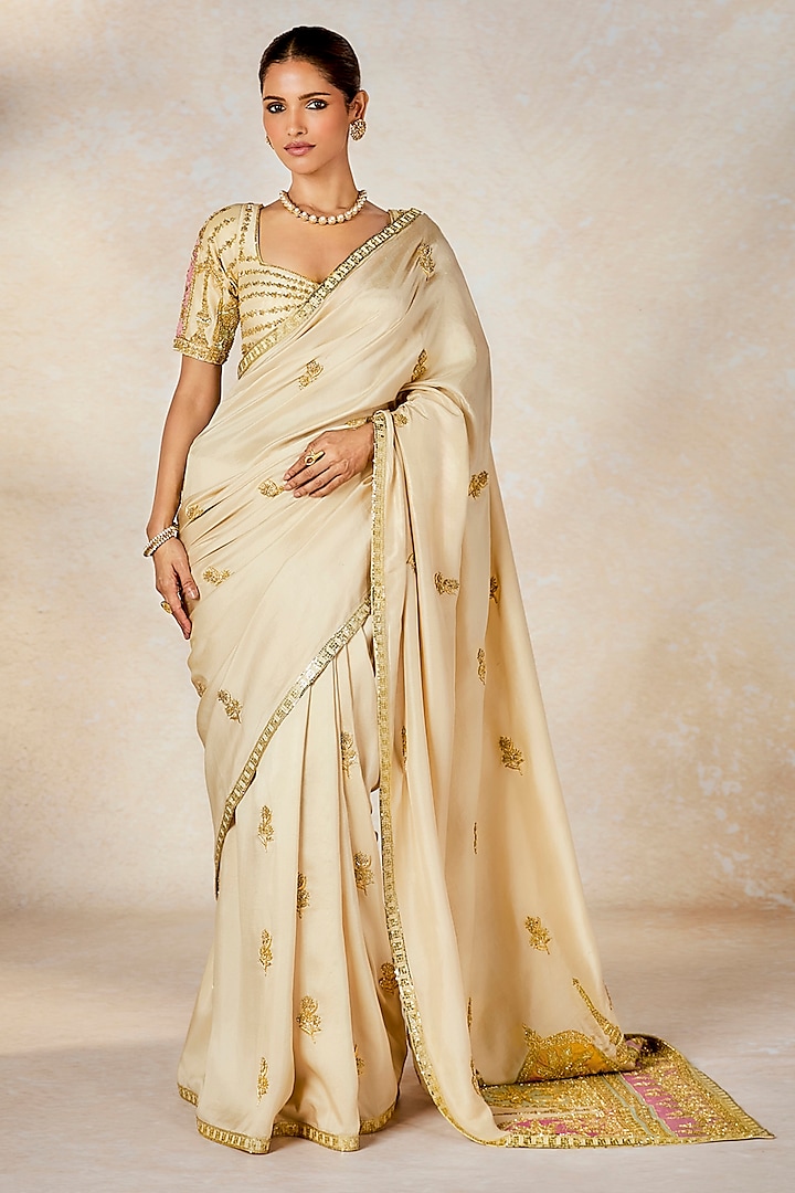 Almond Ivory Dupion Motif Embroidered Bridal Saree Set by Masaba at Pernia's Pop Up Shop