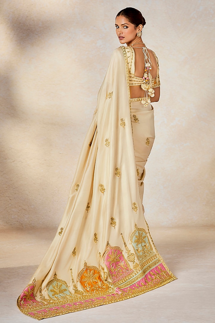 Almond Ivory Dupion Motif Embroidered Bridal Saree Set by Masaba at Pernia's Pop Up Shop