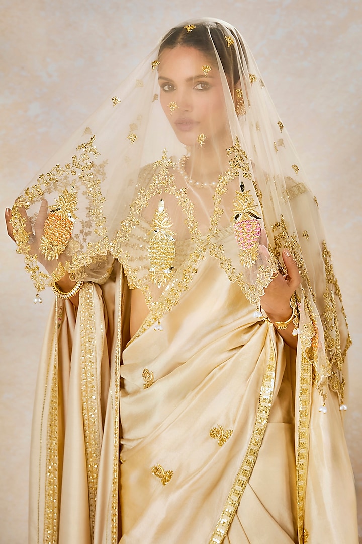 Almond Ivory Dupion Motif Embroidered Bridal Saree Set by Masaba at Pernia's Pop Up Shop