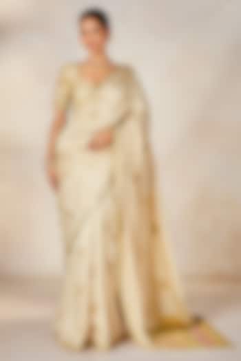 Almond Ivory Dupion Motif Embroidered Bridal Saree Set by Masaba at Pernia's Pop Up Shop