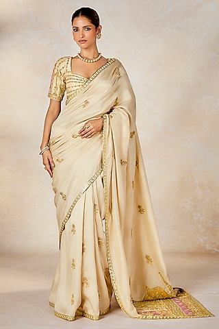 Almond Ivory Dupion Motif Embroidered Saree Set by Masaba