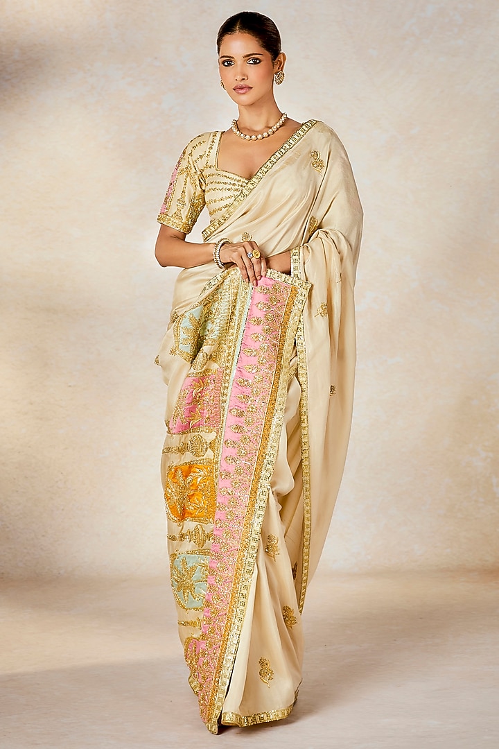 Almond Ivory Dupion Motif Embroidered Bridal Saree Set by Masaba at Pernia's Pop Up Shop