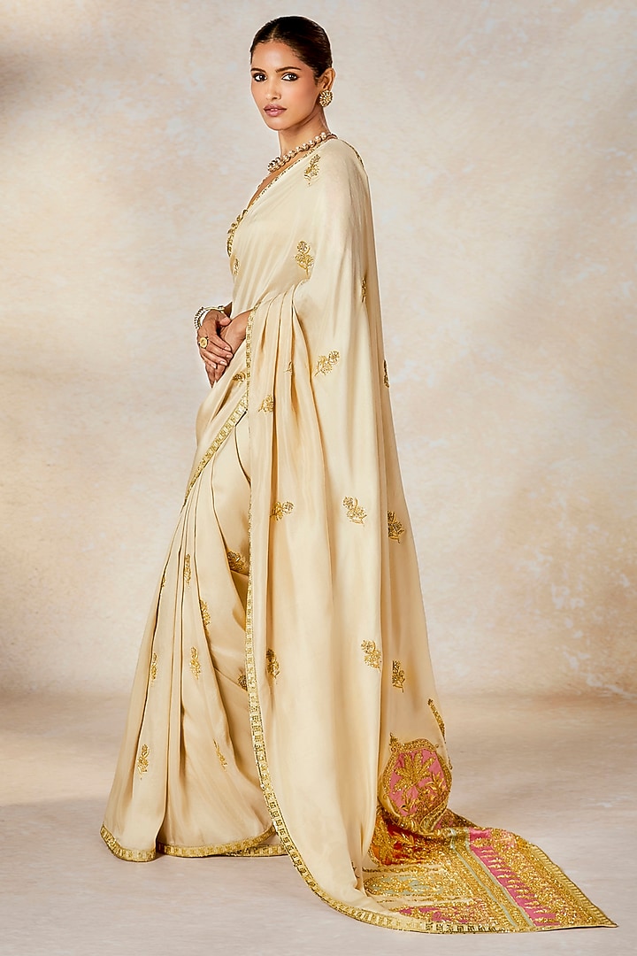 Almond Ivory Dupion Motif Embroidered Bridal Saree Set by Masaba at Pernia's Pop Up Shop
