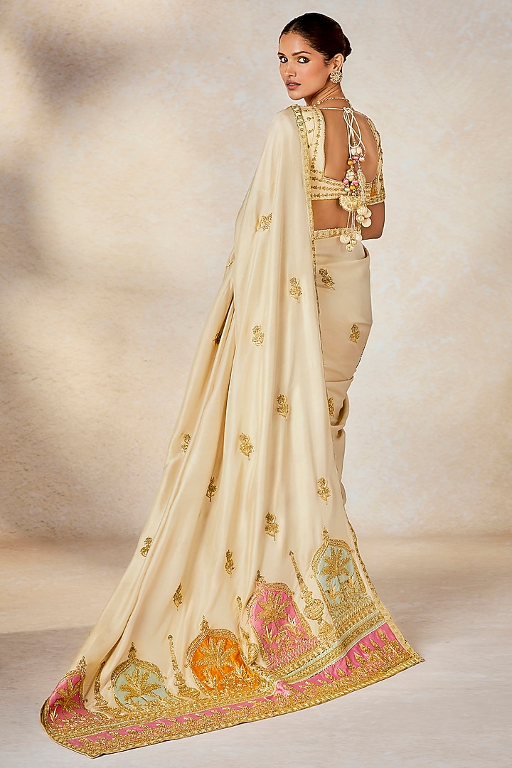 Almond Ivory Dupion Motif Embroidered Bridal Saree Set by Masaba at Pernia's Pop Up Shop