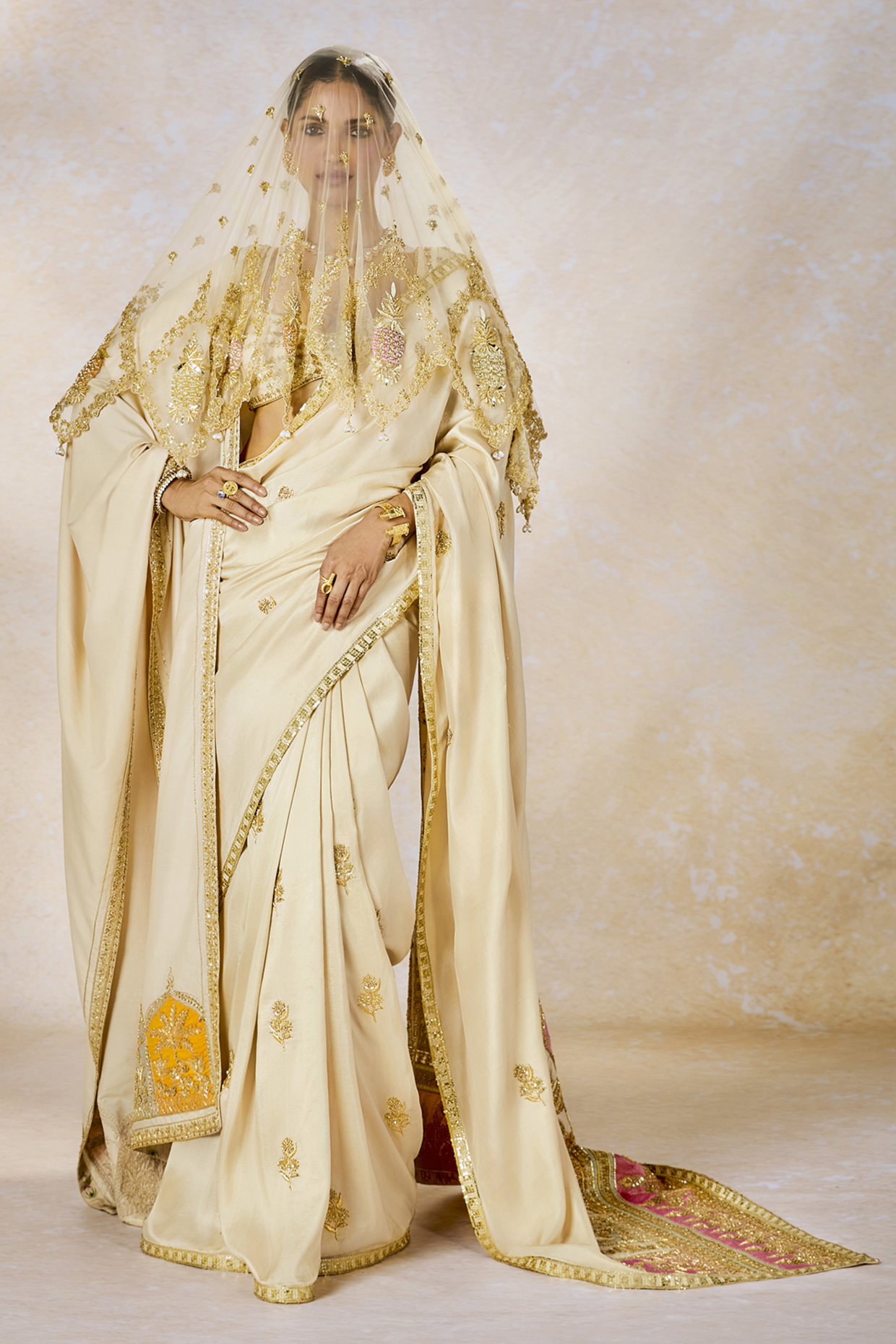 Almond Ivory Dupion Motif Embroidered Bridal Saree Set by Masaba at Pernia's Pop Up Shop