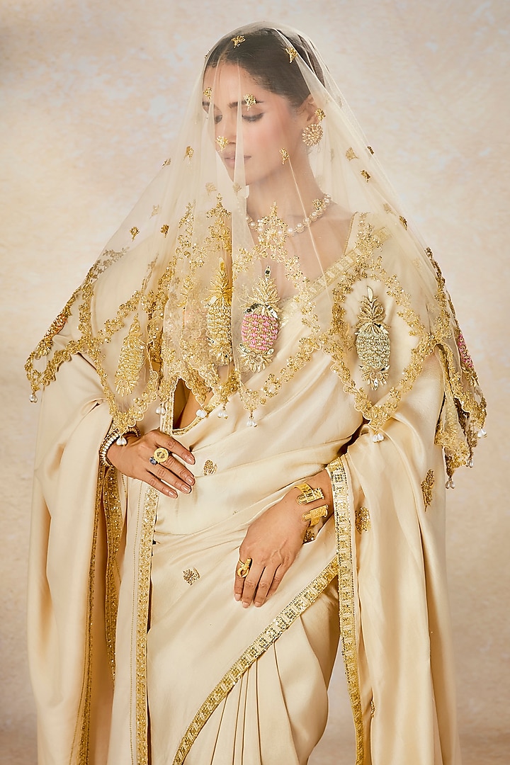 Almond Ivory Dupion Motif Embroidered Bridal Saree Set by Masaba at Pernia's Pop Up Shop