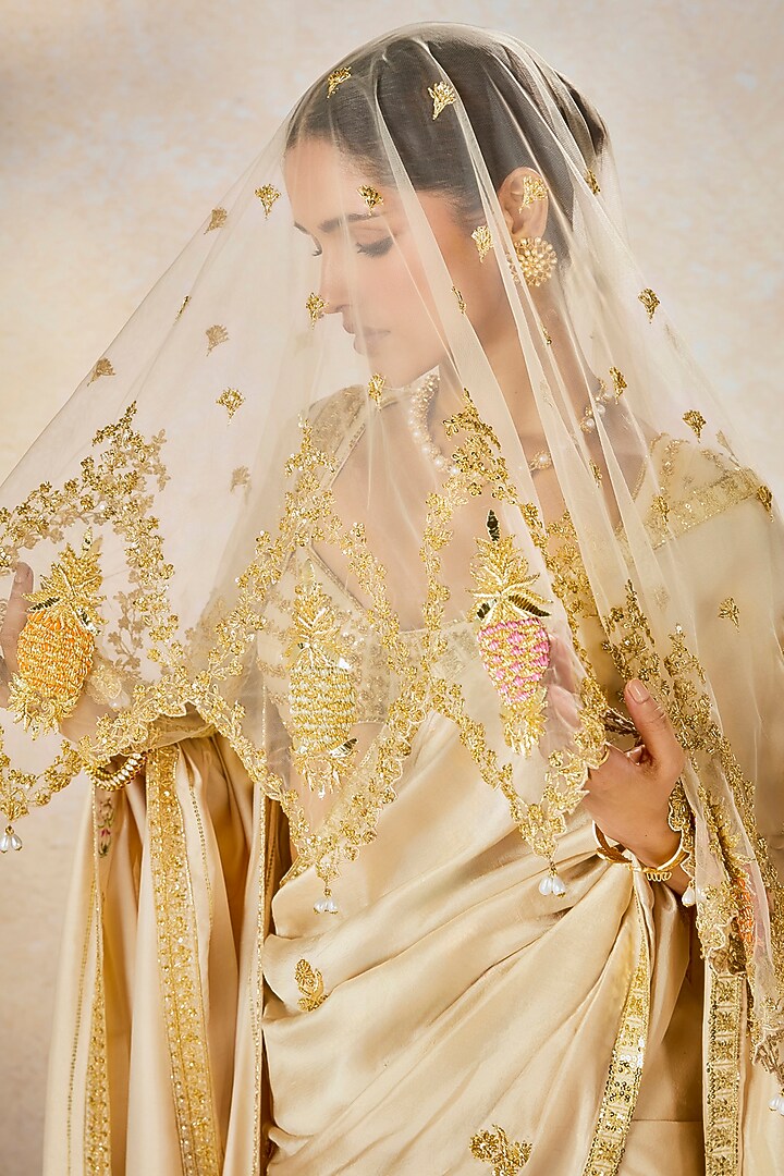 Almond Ivory Dupion Motif Embroidered Bridal Saree Set by Masaba at Pernia's Pop Up Shop