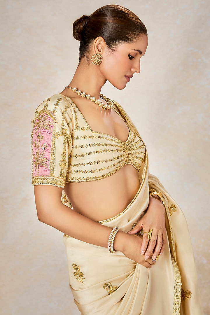 Almond Ivory Dupion Motif Embroidered Bridal Saree Set by Masaba at Pernia's Pop Up Shop