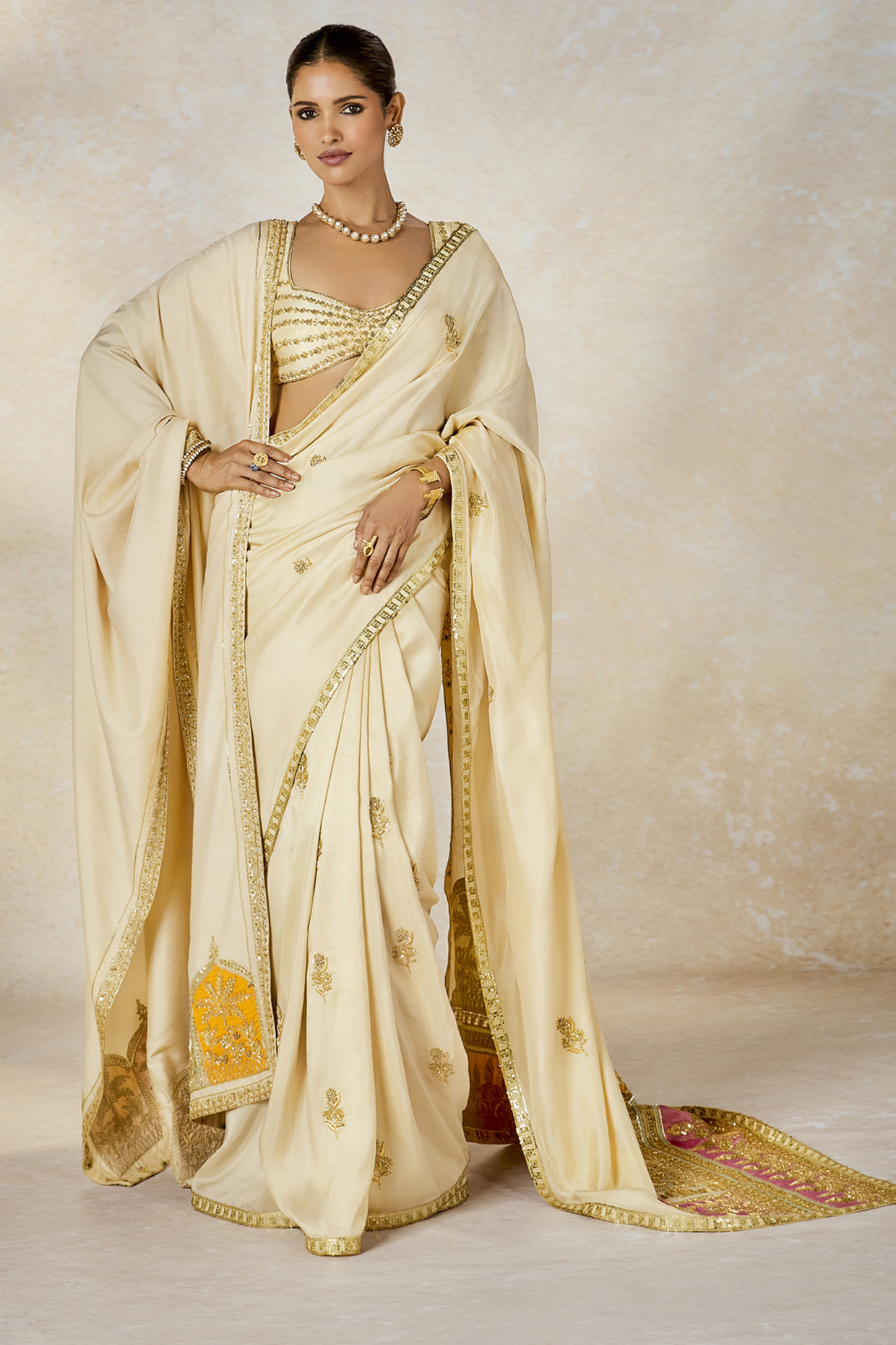 Almond Ivory Dupion Motif Embroidered Bridal Saree Set by Masaba at Pernia's Pop Up Shop