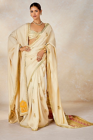 Almond Ivory Dupion Motif Embroidered Saree Set by Masaba