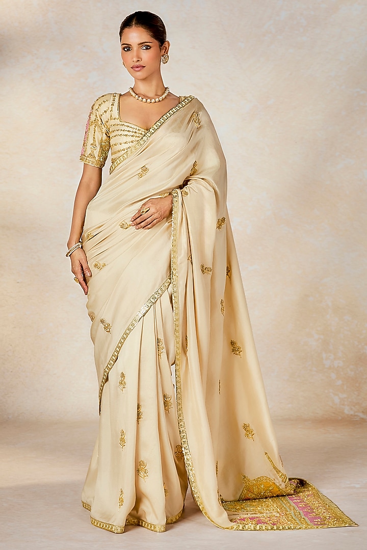 Almond Ivory Dupion Motif Embroidered Bridal Saree Set by Masaba at Pernia's Pop Up Shop