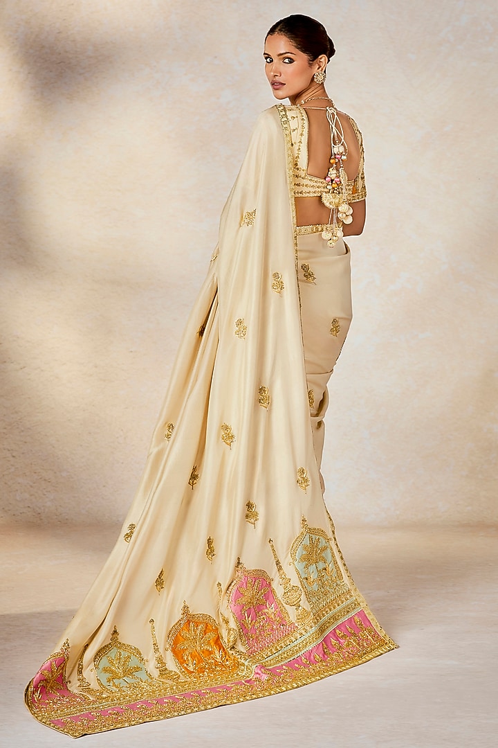 Almond Ivory Dupion Motif Embroidered Bridal Saree Set by Masaba at Pernia's Pop Up Shop