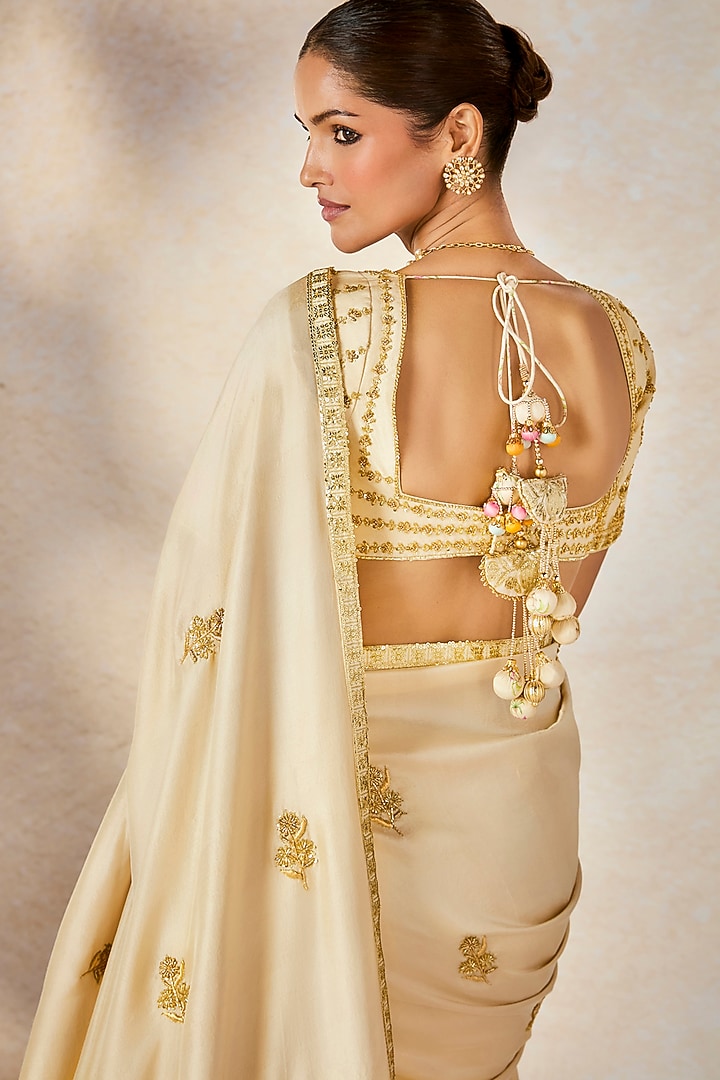 Almond Ivory Dupion Motif Embroidered Bridal Saree Set by Masaba at Pernia's Pop Up Shop