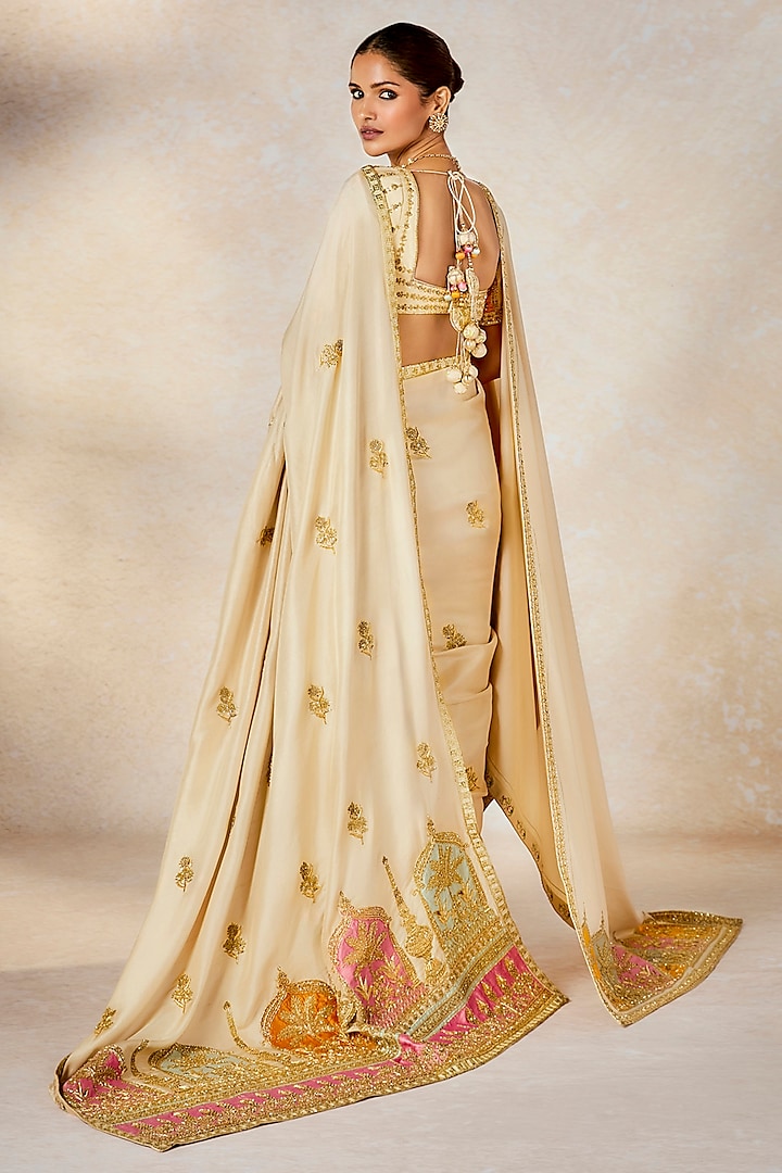 Almond Ivory Dupion Motif Embroidered Bridal Saree Set by Masaba at Pernia's Pop Up Shop