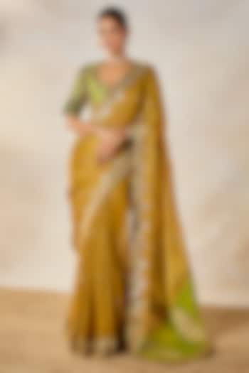 Gold Georgette Tissue Patchwork Reception Saree Set by Masaba at Pernia's Pop Up Shop