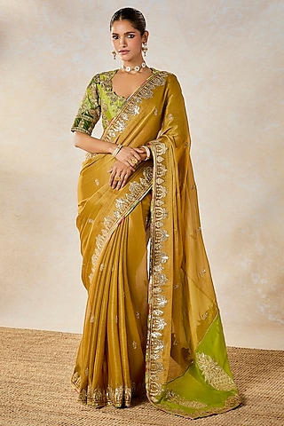 Gold Georgette Tissue Patchwork Saree Set by Masaba