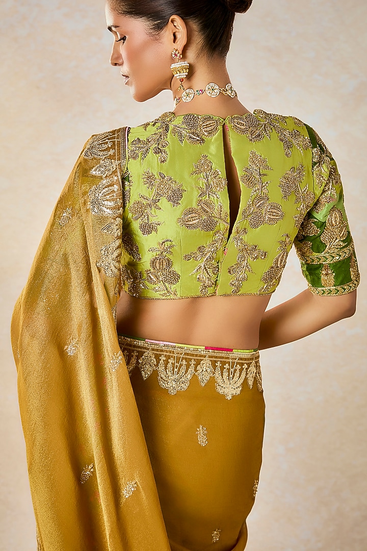 Gold Georgette Tissue Patchwork Reception Saree Set by Masaba at Pernia's Pop Up Shop