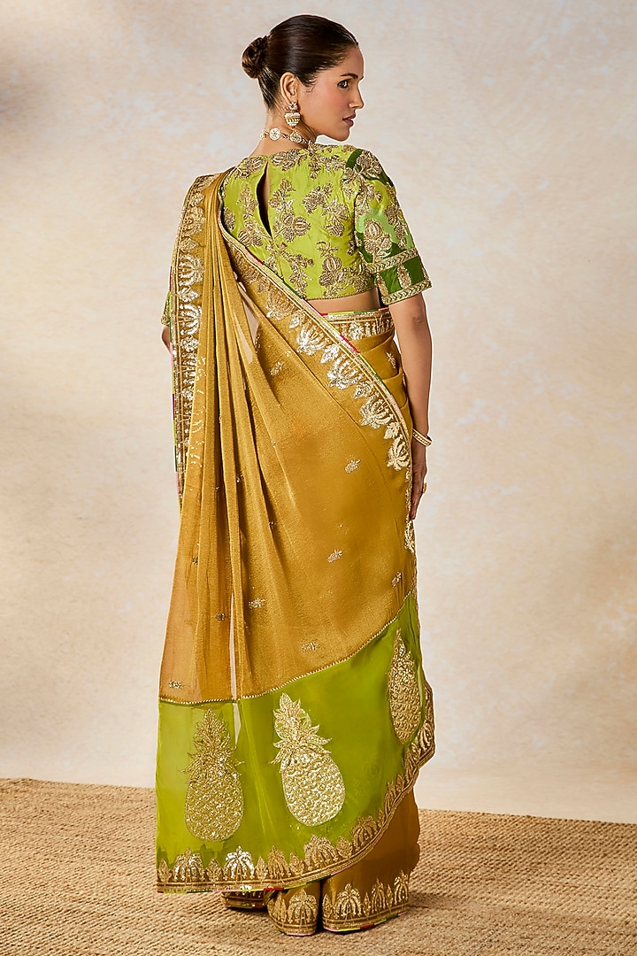 Gold Georgette Tissue Patchwork Reception Saree Set by Masaba at Pernia's Pop Up Shop