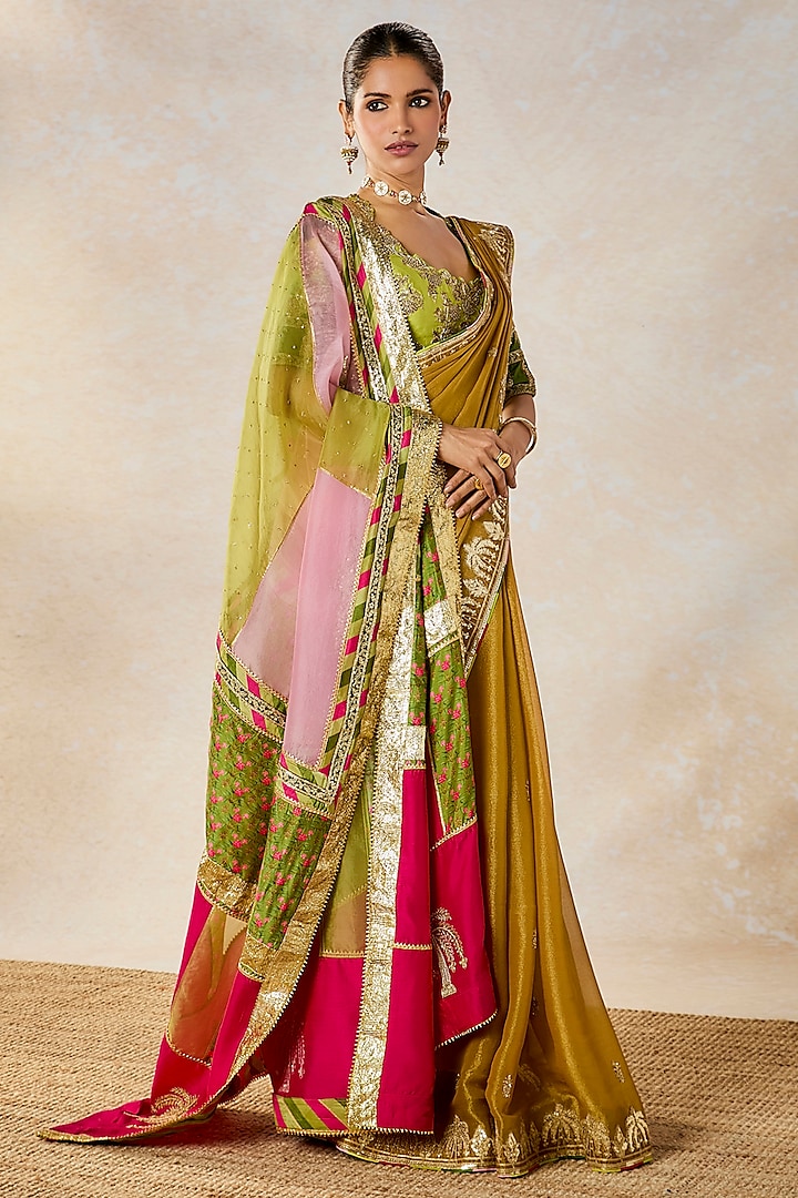 Gold Georgette Tissue Patchwork Bridal Saree Set by Masaba at Pernia's Pop Up Shop