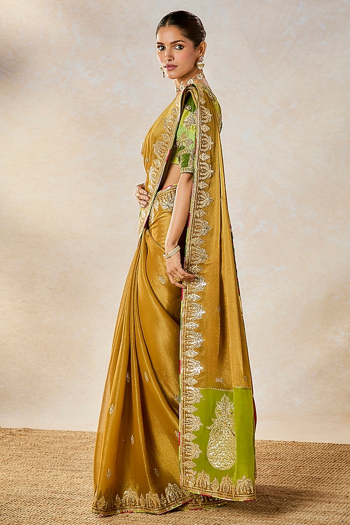 Gold Georgette Tissue Patchwork Bridal Saree Set by Masaba at Pernia's Pop Up Shop