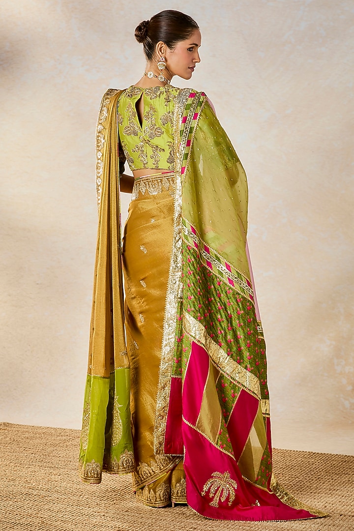 Gold Georgette Tissue Patchwork Bridal Saree Set by Masaba at Pernia's Pop Up Shop
