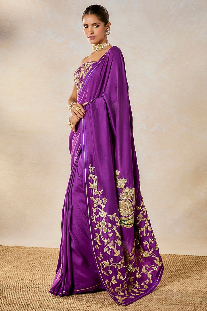 Purple Dupion & Heavy Raw Silk Motif Embroidered Reception Saree Set by Masaba at Pernia's Pop Up Shop