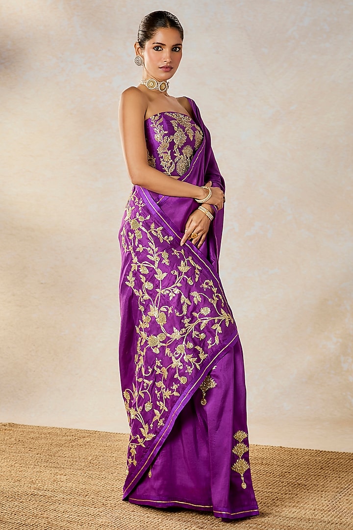 Purple Dupion & Heavy Raw Silk Motif Embroidered Reception Saree Set by Masaba at Pernia's Pop Up Shop