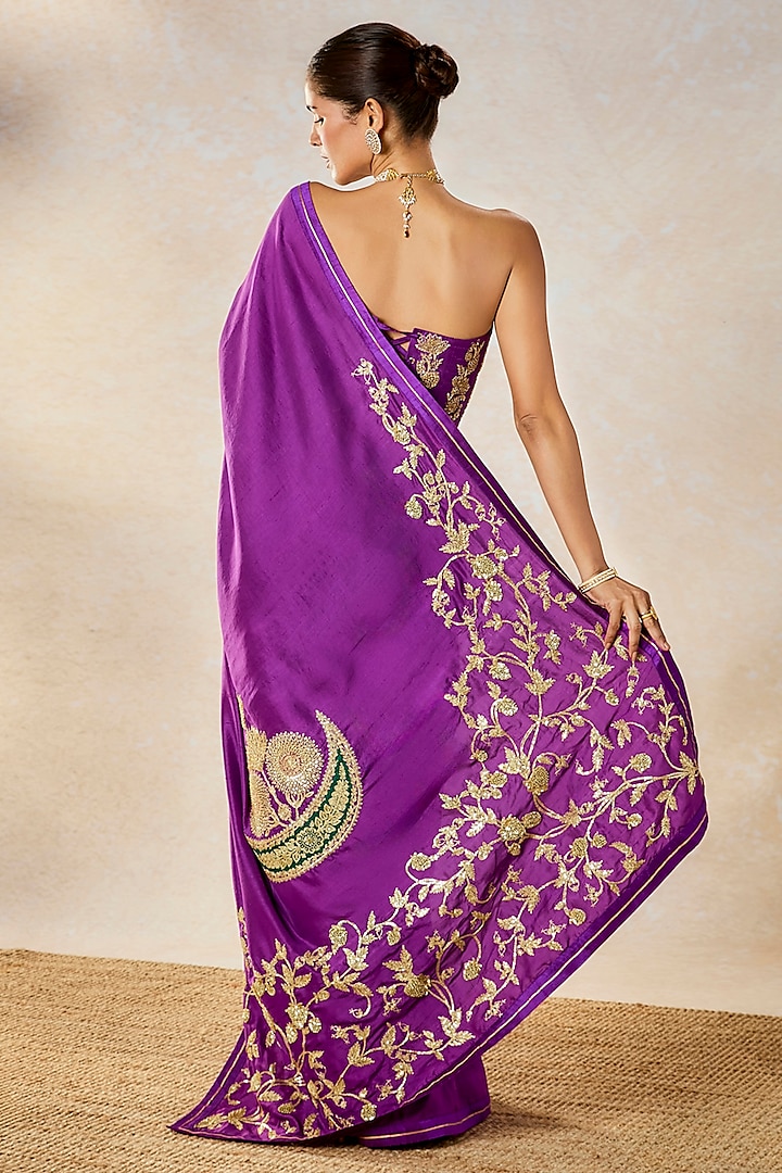 Purple Dupion & Heavy Raw Silk Motif Embroidered Reception Saree Set by Masaba at Pernia's Pop Up Shop