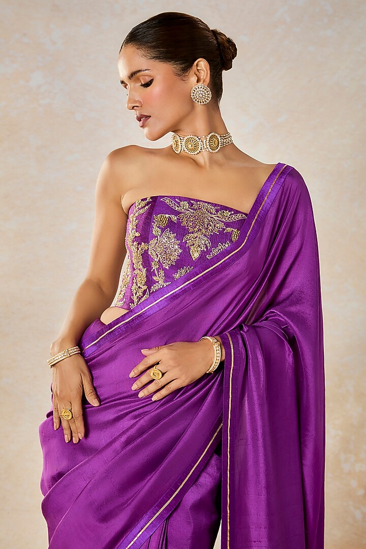 Purple Dupion & Heavy Raw Silk Motif Embroidered Reception Saree Set by Masaba at Pernia's Pop Up Shop