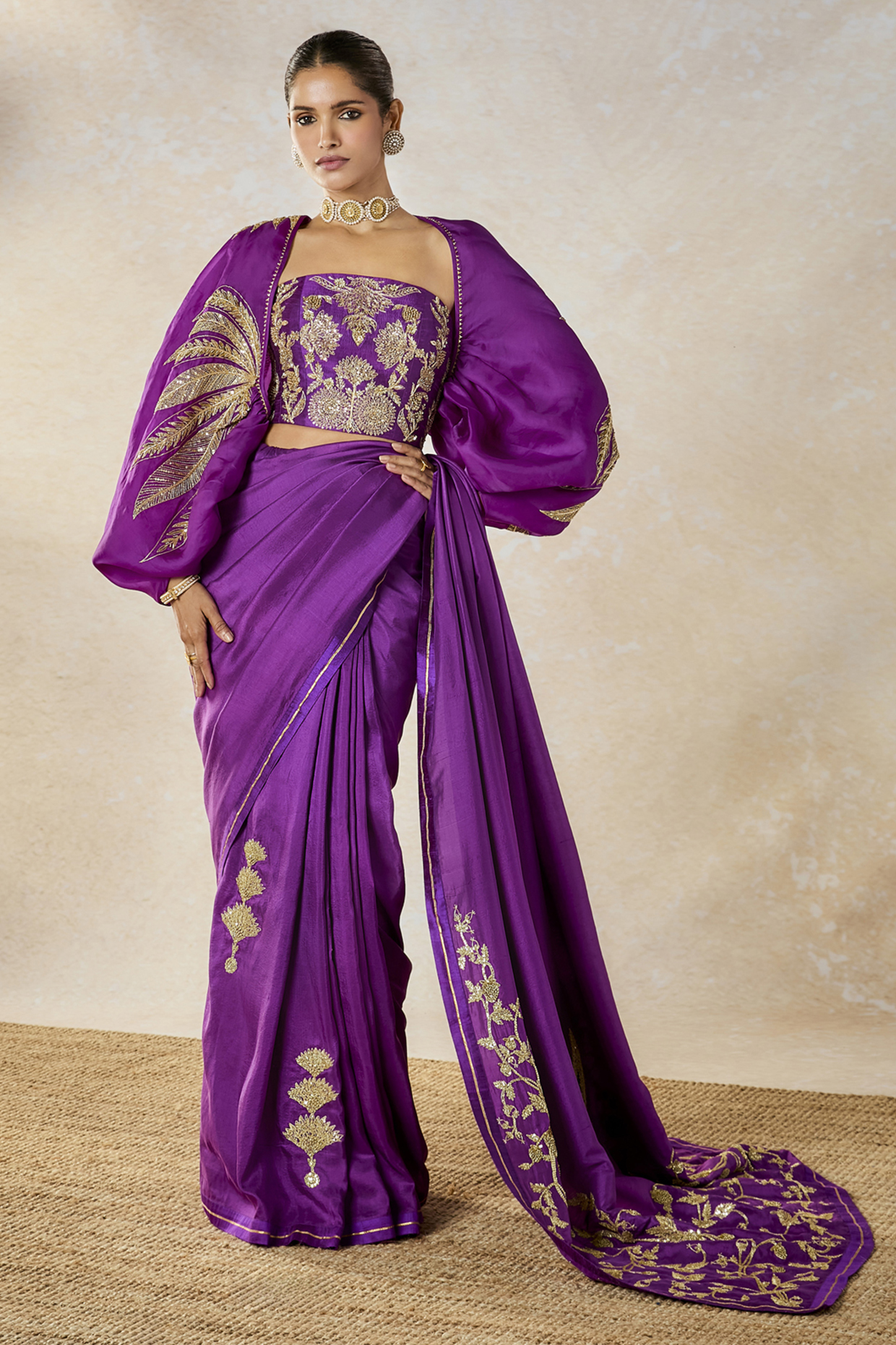 Purple Dupion & Heavy Raw Silk Motif Embroidered Jacket Reception Saree Set by Masaba at Pernia's Pop Up Shop