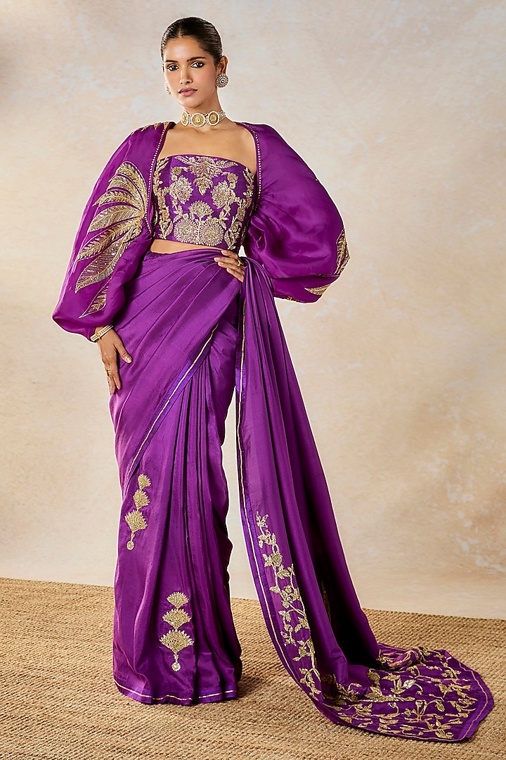 Purple Dupion & Heavy Raw Silk Motif Embroidered Jacket Saree Set by Masaba at Pernia's Pop Up Shop