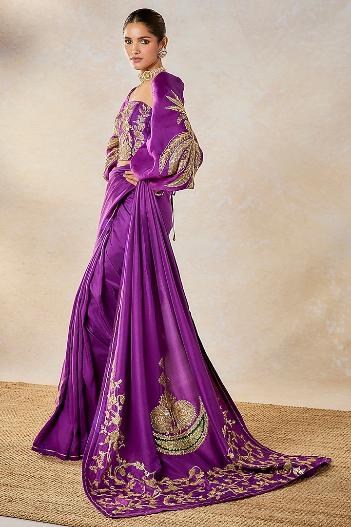 Purple Dupion & Heavy Raw Silk Motif Embroidered Jacket Reception Saree Set by Masaba at Pernia's Pop Up Shop