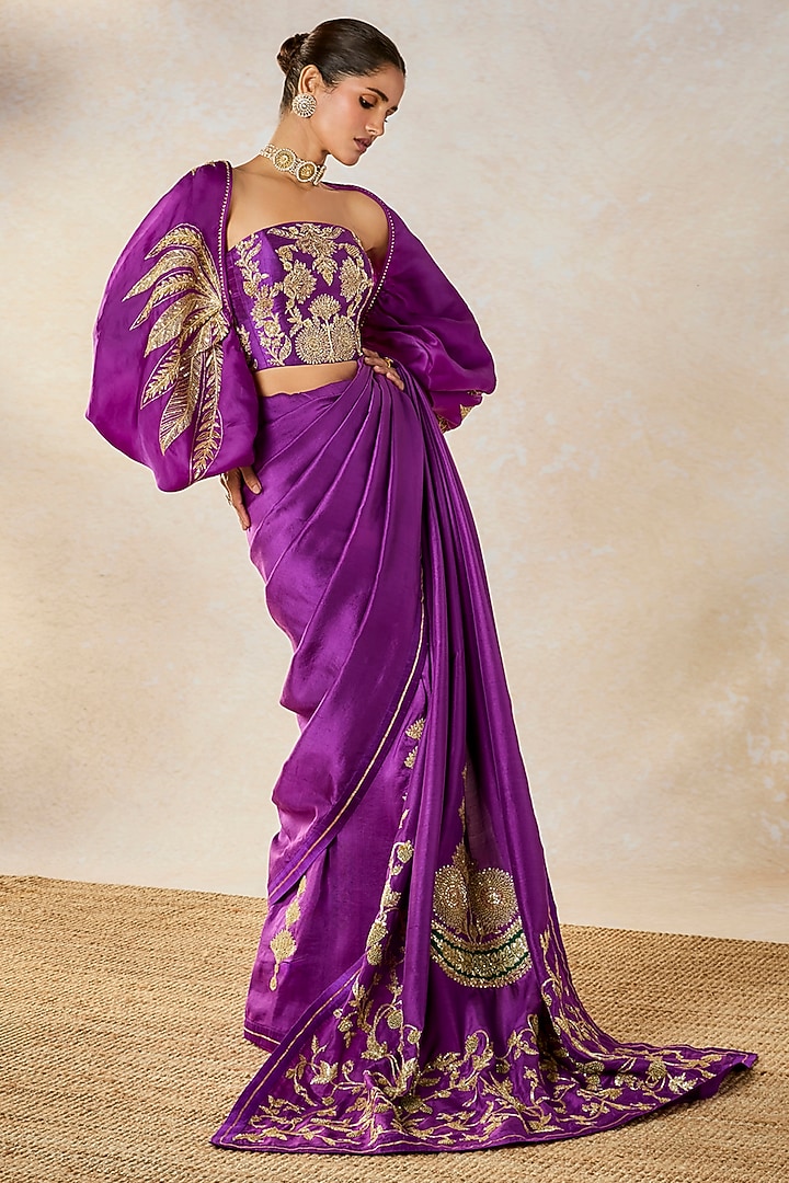Purple Dupion & Heavy Raw Silk Motif Embroidered Jacket Reception Saree Set by Masaba at Pernia's Pop Up Shop
