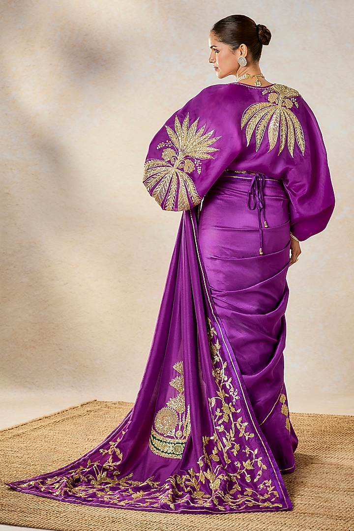 Purple Dupion & Heavy Raw Silk Motif Embroidered Jacket Reception Saree Set by Masaba at Pernia's Pop Up Shop