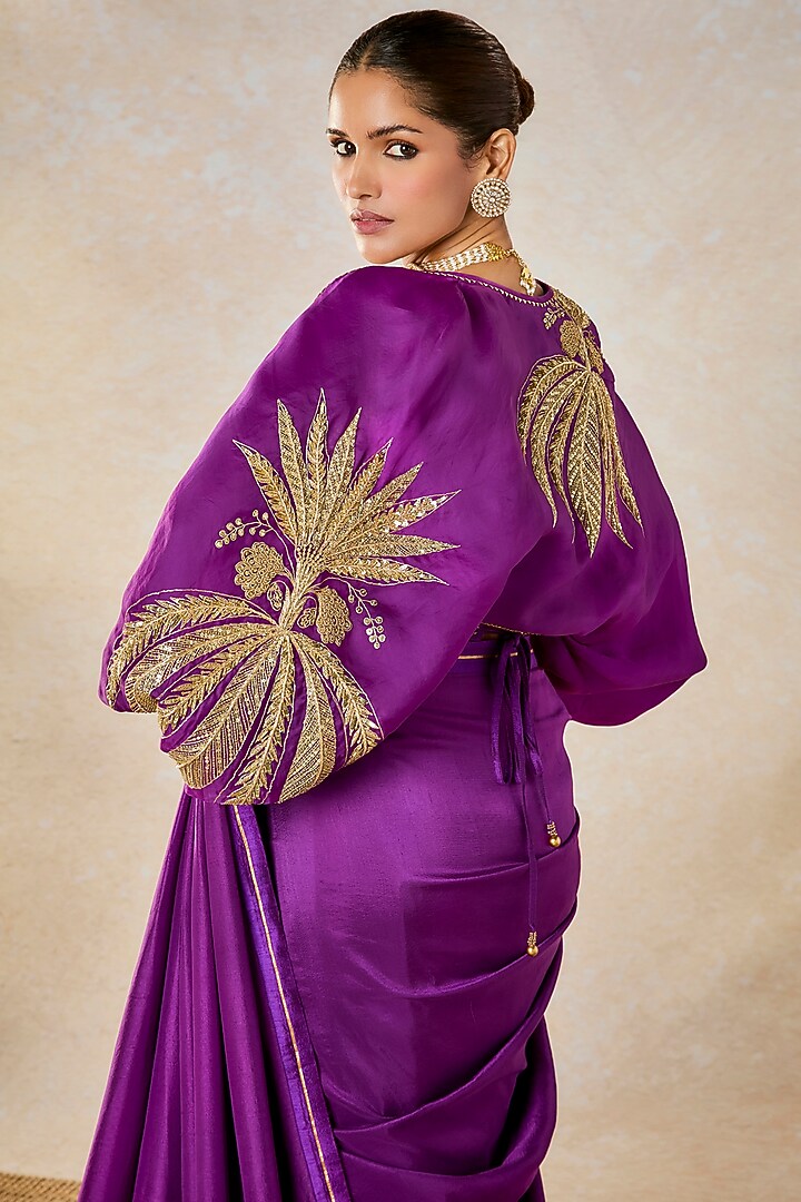 Purple Dupion & Heavy Raw Silk Motif Embroidered Jacket Reception Saree Set by Masaba at Pernia's Pop Up Shop