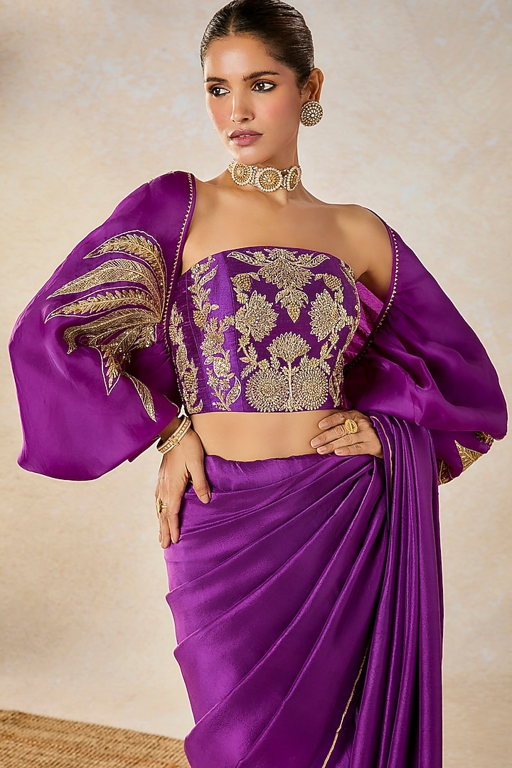 Purple Dupion & Heavy Raw Silk Motif Embroidered Jacket Reception Saree Set by Masaba at Pernia's Pop Up Shop